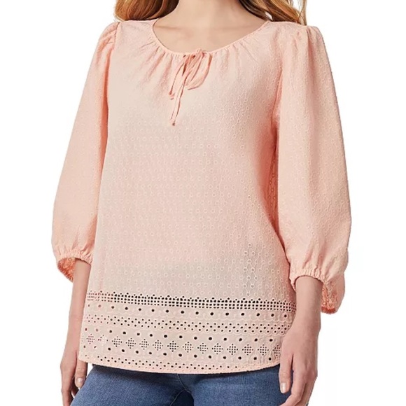 Jones New York Embroidered 3/4Sleeve Tie Front Blouse Size M in Rose Sand - Picture 1 of 13